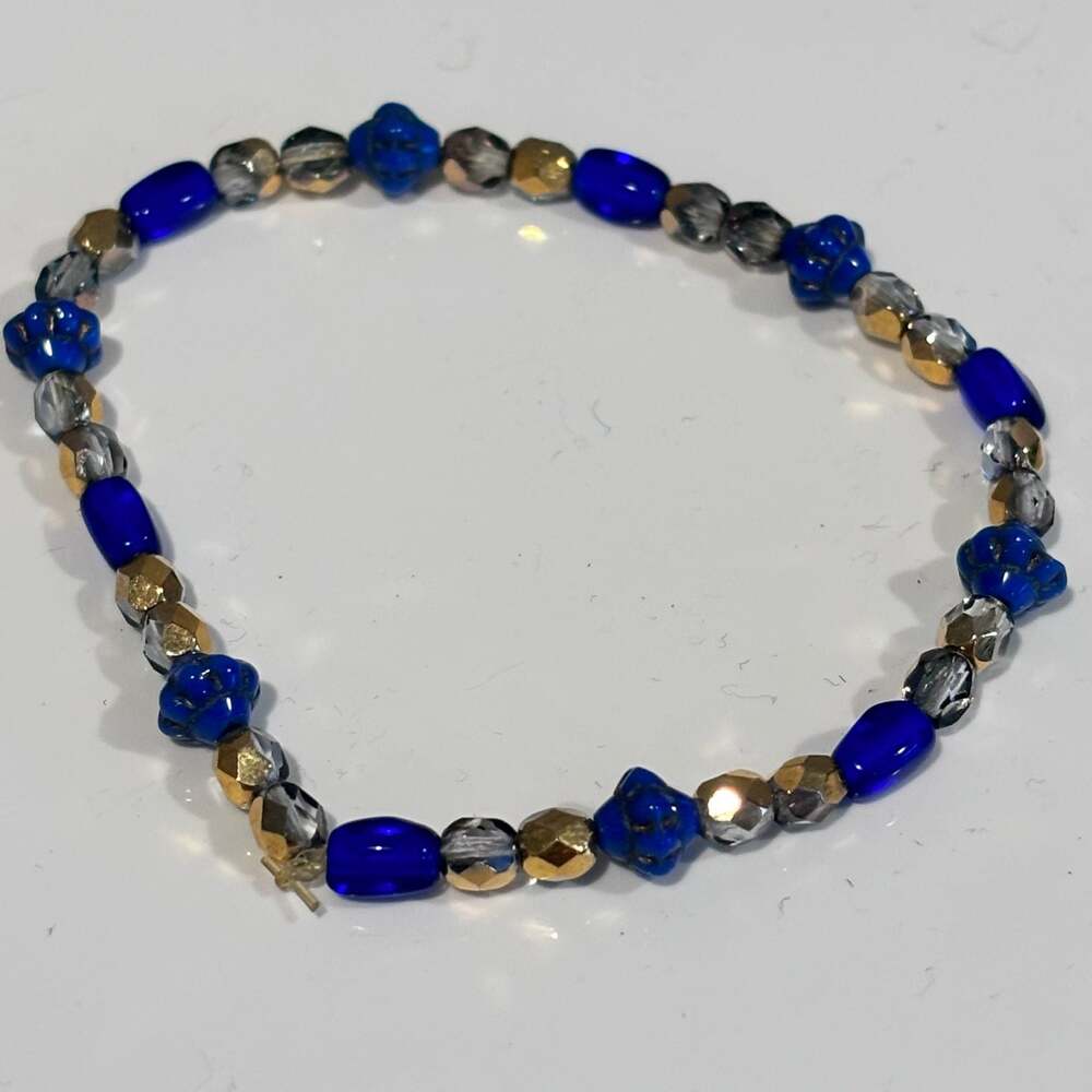 Blue and Gold Beaded Bracelet with Faceted Glass Beads